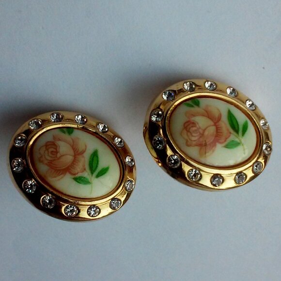 Pierced Earrings Gold With White Pink Green and 14 Clear Stones On Each Earring - Picture 1 of 4